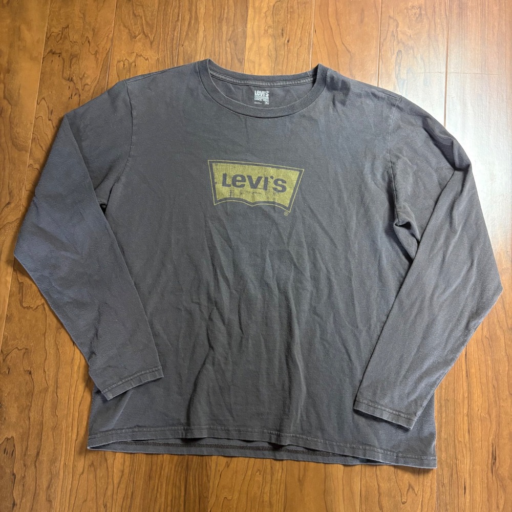 Levis Long Sleeve Graphic Tee Faded Brown Batwing Logo XL Distressed T-Shirt